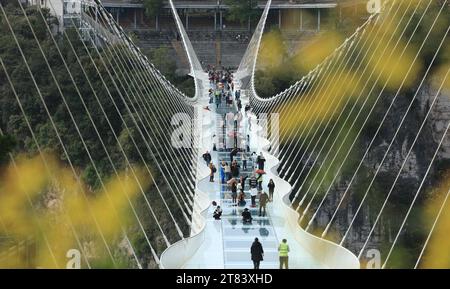 Beijing, China. 18th Nov, 2023. Tourists walk on a glass-bottomed bridge at Zhangjiajie Grand Canyon in central China's Hunan Province, Nov. 18, 2023. Credit: Wu Yongbing/Xinhua/Alamy Live News Stock Photo