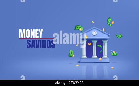 3D banking. Money savings. Finance transfer. Falling gold coins or banknotes. Render bank building. Financial deposit or investment. Dollar currency. Stock Vector