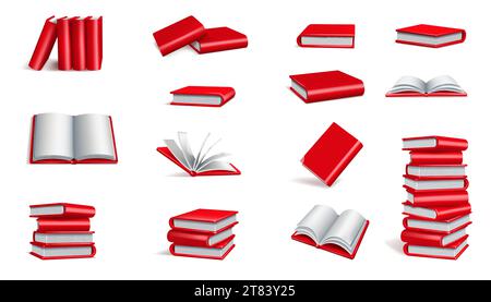 3d books. Open education icons, school dictionary, realistic library read mockup, pile and stack, white empty pages and red covers, textbooks and note Stock Vector