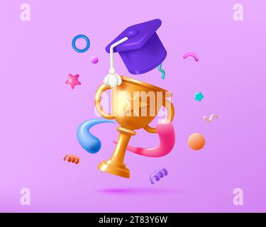 3D education. School study graduate. Student with bachelor cap or award. Graduation hat. Success learn. Render gold goblet. Academic achievement. Know Stock Vector