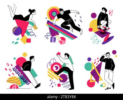 Abstract characters. People with geometric figures. Man lying on square. Woman sitting on circle. Minimal collage. Outline person community with doodl Stock Vector