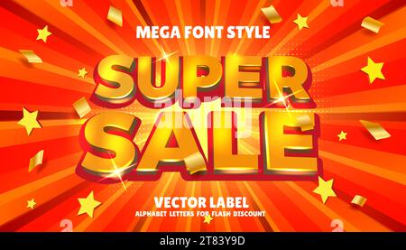 Super sale promo. Discount banner. Shiny promotion text. Radial beams effect. Stars and confetti. Mega font style. Graphic alphabet 3D letters. Bright Stock Vector