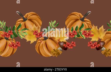 Pumpkins, autumn maple leaves, rowan berries, mushrooms. Vector seamless border in wave shape. Autumn sales, greeting cards, banners, flyers. Stock Vector