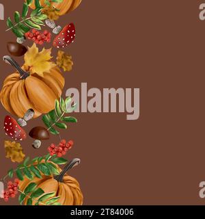 Pumpkins, autumn maple leaves, rowan berries, mushrooms. Vector vertical seamless border. Autumn sales, greeting cards, banners, flyers, invitations. Stock Vector