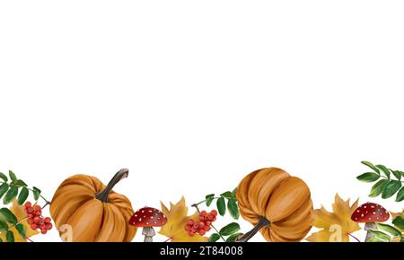 Pumpkins, autumn maple leaves, rowan berries, mushrooms. Vector seamless border. Autumn sales, greeting cards, large banners, flyers, invitations. Stock Vector