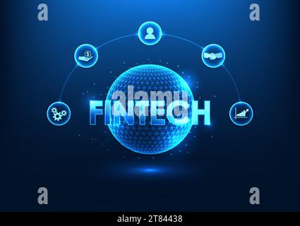 Fintech technology Fintech is inside the technology circle with finance icons. Shows financial institutions that have adopted technology. including th Stock Vector