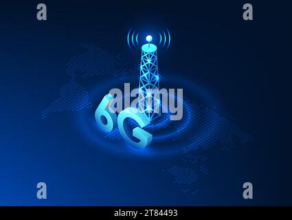 Telecommunication technology, Signal tower set on world map with broadcast waves It represents the development of advanced communications networks to Stock Vector