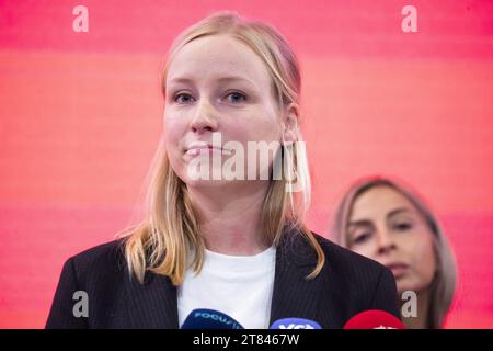 Brussels, Belgium. 18th Nov, 2023. Vooruit's Melissa Depraetere pictured during a press conference regarding the new chairman of Flemish socialist party Vooruit, Saturday 18 November 2023 in Brussels. Rousseau announced yesterday his dismissal as party chairman after a party meeting on the racist statements in connection with the Roma community made by Rousseau after a late night drinking session in Sint-Niklaas while speaking to the police. BELGA PHOTO NICOLAS MAETERLINCK Credit: Belga News Agency/Alamy Live News Credit: Belga News Agency/Alamy Live News Stock Photo