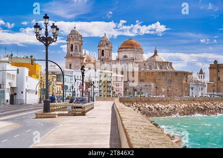 Cadiz, seafront promenade, view at the Cathedral, Andalusia, Spain Stock Photo