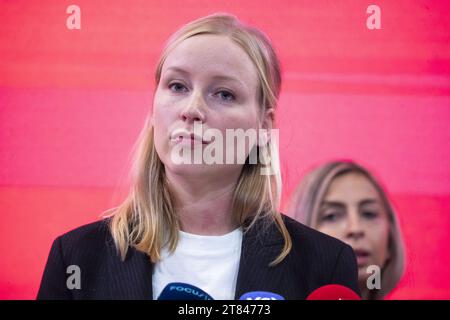 Brussels, Belgium. 18th Nov, 2023. Vooruit's Melissa Depraetere pictured during a press conference regarding the new chairman of Flemish socialist party Vooruit, Saturday 18 November 2023 in Brussels. Rousseau announced yesterday his dismissal as party chairman after a party meeting on the racist statements in connection with the Roma community made by Rousseau after a late night drinking session in Sint-Niklaas while speaking to the police. BELGA PHOTO NICOLAS MAETERLINCK Credit: Belga News Agency/Alamy Live News Credit: Belga News Agency/Alamy Live News Stock Photo