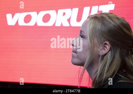 Brussels, Belgium. 18th Nov, 2023. Vooruit's Melissa Depraetere pictured during a press conference regarding the new chairman of Flemish socialist party Vooruit, Saturday 18 November 2023 in Brussels. Rousseau announced yesterday his dismissal as party chairman after a party meeting on the racist statements in connection with the Roma community made by Rousseau after a late night drinking session in Sint-Niklaas while speaking to the police. BELGA PHOTO NICOLAS MAETERLINCK Credit: Belga News Agency/Alamy Live News Credit: Belga News Agency/Alamy Live News Stock Photo