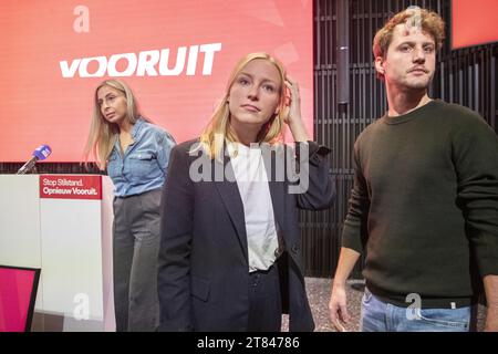 Brussels, Belgium. 18th Nov, 2023. Vooruit's vice-chairwoman Funda Oru and Vooruit's Melissa Depraetere pictured during a press conference regarding the new chairman of Flemish socialist party Vooruit, Saturday 18 November 2023 in Brussels. Rousseau announced yesterday his dismissal as party chairman after a party meeting on the racist statements in connection with the Roma community made by Rousseau after a late night drinking session in Sint-Niklaas while speaking to the police. BELGA PHOTO NICOLAS MAETERLINCK Credit: Belga News Agency/Alamy Live News Credit: Belga News Agency/Alamy Live New Stock Photo