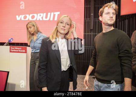 Brussels, Belgium. 18th Nov, 2023. Vooruit's vice-chairwoman Funda Oru and Vooruit's Melissa Depraetere pictured during a press conference regarding the new chairman of Flemish socialist party Vooruit, Saturday 18 November 2023 in Brussels. Rousseau announced yesterday his dismissal as party chairman after a party meeting on the racist statements in connection with the Roma community made by Rousseau after a late night drinking session in Sint-Niklaas while speaking to the police. BELGA PHOTO NICOLAS MAETERLINCK Credit: Belga News Agency/Alamy Live News Credit: Belga News Agency/Alamy Live New Stock Photo