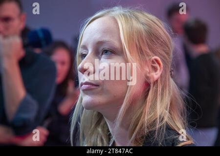 Brussels, Belgium. 18th Nov, 2023. Vooruit's Melissa Depraetere pictured during a press conference regarding the new chairman of Flemish socialist party Vooruit, Saturday 18 November 2023 in Brussels. Rousseau announced yesterday his dismissal as party chairman after a party meeting on the racist statements in connection with the Roma community made by Rousseau after a late night drinking session in Sint-Niklaas while speaking to the police. BELGA PHOTO NICOLAS MAETERLINCK Credit: Belga News Agency/Alamy Live News Credit: Belga News Agency/Alamy Live News Stock Photo