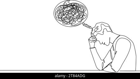 continuous single line drawing of worried or confused man with one hand at forehead, line art vector illustration Stock Vector