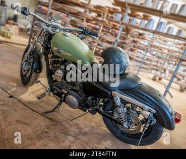 Harley Davidson Classic motorcycle closeup and details of the engine and green fuel tank Stock Photo