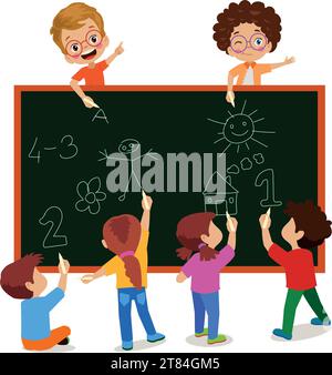 cute students scribbling on chalkboard Stock Vector