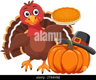 A turkey bird stands next to a pumpkin wearing a pilgrims hat and holding a pumpkin pie. Traditional american, canadian symbol of Happy Thanksgiving D Stock Vector