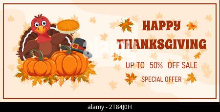 Thanksgiving Day Sale Promo Poster. Holiday discount banner with turkey bird, pumpkin, pumpkin pie, pilgrim hat. Vector illustration for poster, banne Stock Vector