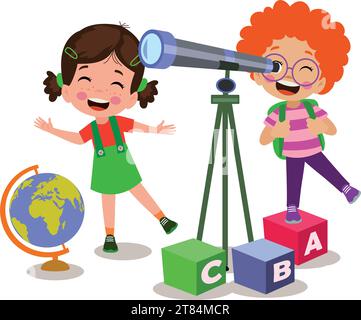 cute students with telescope on letter cubes in classroom Stock Vector