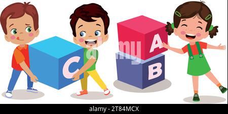 cute students with on letter cubes in classroom Stock Vector