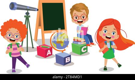 cute students with telescope on letter cubes in classroom Stock Vector