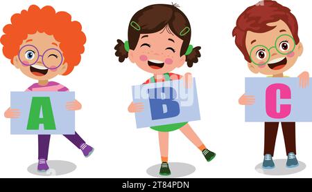 cute happy students holding letters Stock Vector