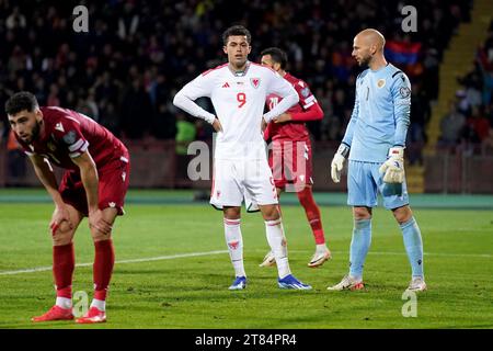 Wales' Brennan Johnson looks dejected during the UEFA Euro 2024 Qualifying Group D match at the Vazgen Sargsyan Republican Stadium, Yerevan. Picture date: Saturday November 18, 2023. Stock Photo