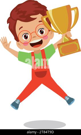 cute happy boy holding golden trophy Stock Vector