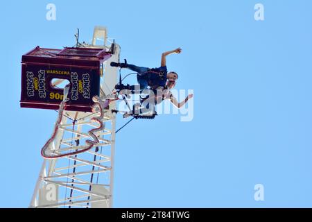 Warsaw, Poland. 28 April 2018. Tandem bungee jump in Warsaw. Bungee jump for two. Stock Photo