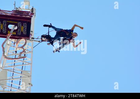 Warsaw, Poland. 28 April 2018. Tandem bungee jump in Warsaw. Bungee jump for two. Stock Photo