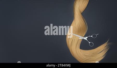 Flat lay composition with light brown hair, comb, scissors and space for text on color background. Hairdresser service, hair strength, haircut, hairst Stock Photo