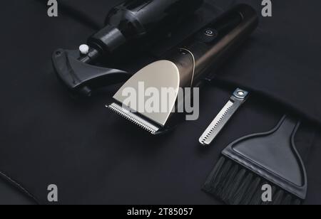 Mens hairdressing desktop with tools for shaving top view. Male haircut, fashion. Hairdresser salon equipment concept, premium hairdressing shears. Ac Stock Photo