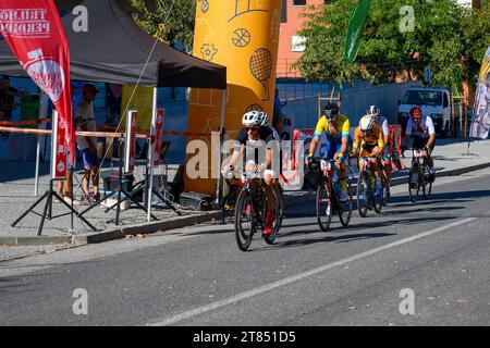 cyclists participating in a bicycle race Photographed on September 30, 2023 In Evora, Alentejo, Portugal Stock Photo