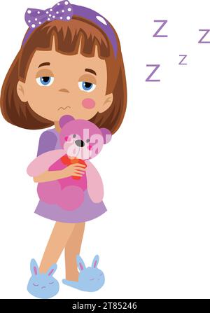 sleepy cute girl with teddy bear in her arms Stock Vector