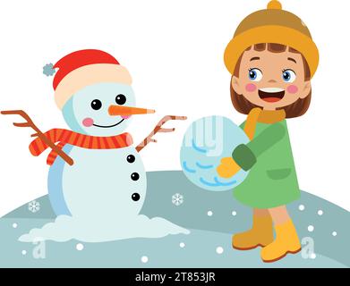 cute happy girl making snowman Stock Vector
