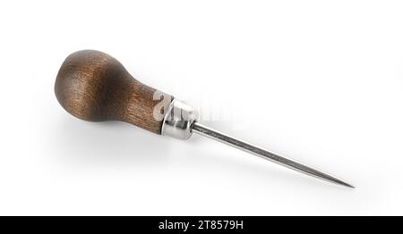 The new awl with the wooden handle isolated on white Stock Photo