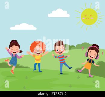 Happy kids playing in the park. Vector illustration of happy kids having fun outdoors. Stock Vector