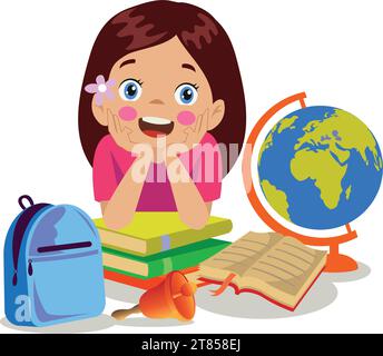cute boy world map with books and school bell Stock Vector