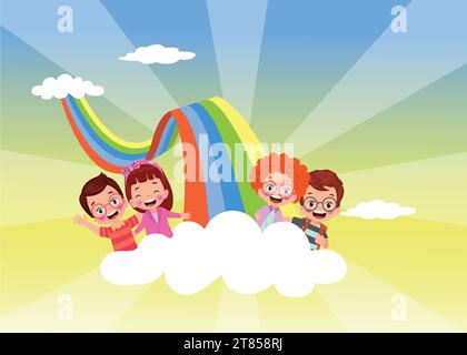 Happy kids on rainbow illustration Stock Vector Image & Art - Alamy