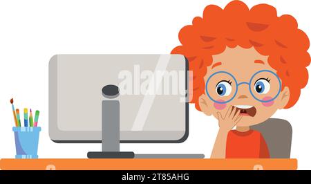 cute little boy at computer Stock Vector