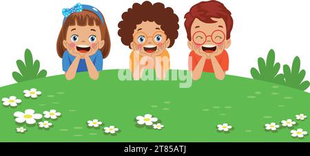 cute happy children in flowers in the field Stock Vector