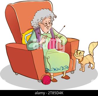 grandma knitting sitting on sofa vector illustration Stock Vector