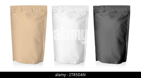brown, white, black paper packaging with valve and seal isolated on white background with clipping path Stock Photo