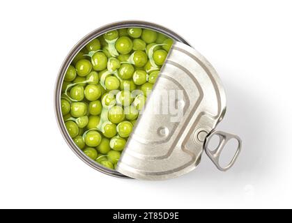 Green peas canned isolated on white background., Green peas in a can top view..With clipping path Stock Photo