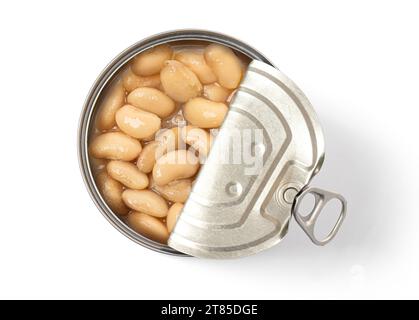 Canned beans canned isolated on white background., Green peas in a can top view..With clipping path Stock Photo