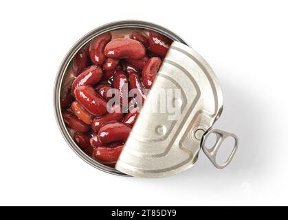 Canned beans canned isolated on white background., Green peas in a can top view..With clipping path Stock Photo