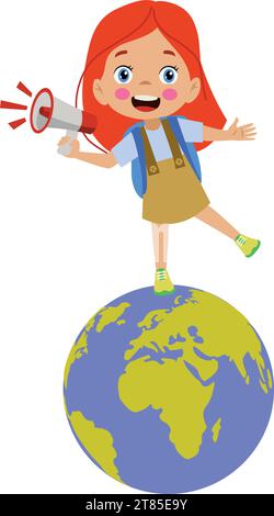 cute boy on world map with megaphone in hand Stock Vector