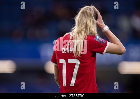 Jenna Clark of Liverpool gestures during the Barclays FA Women's Super League match between Chelsea and Liverpool at Stamford Bridge, London on Saturday 18th November 2023. (Photo: Federico Guerra Maranesi | MI News) Credit: MI News & Sport /Alamy Live News Stock Photo