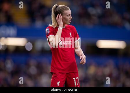 Jenna Clark of Liverpool gestures during the Barclays FA Women's Super League match between Chelsea and Liverpool at Stamford Bridge, London on Saturday 18th November 2023. (Photo: Federico Guerra Maranesi | MI News) Credit: MI News & Sport /Alamy Live News Stock Photo